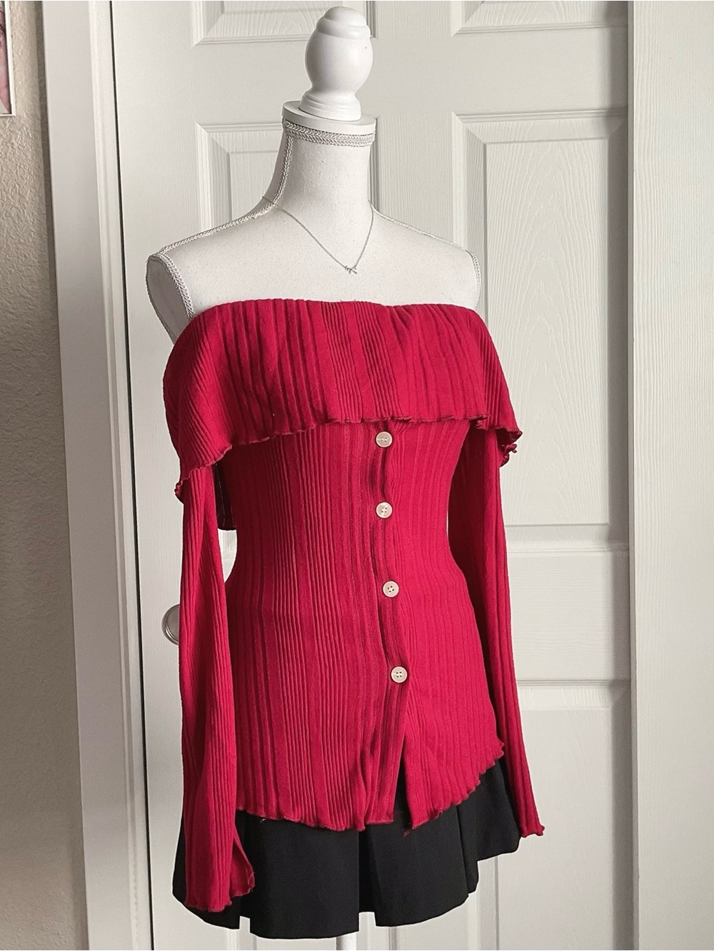 SHEIN Off-the-Shoulder Ribbed Button-Front Sweater - Red